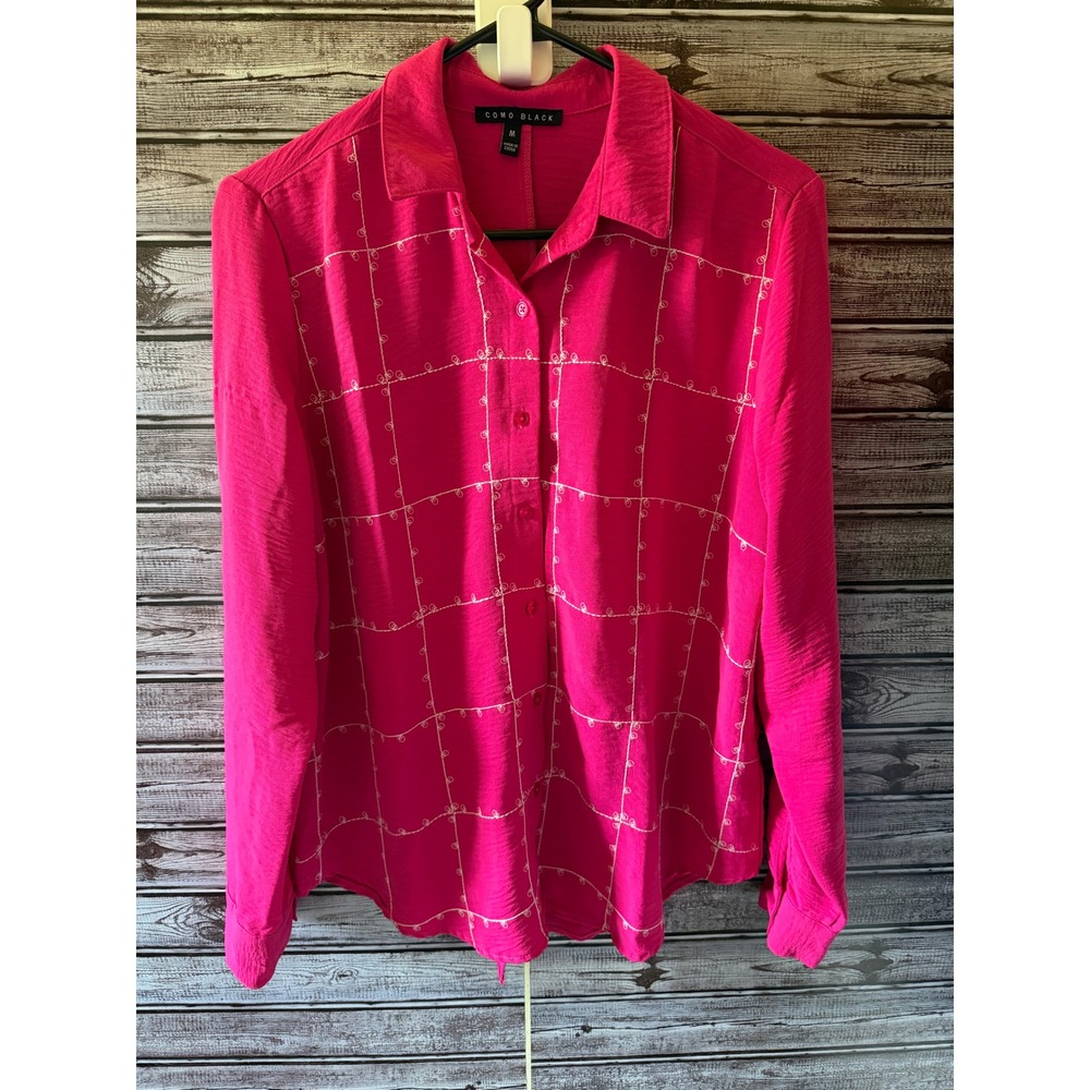 Como Black Women's Long-Sleeved Button-Down Top Size M Hot Pink Embroidered